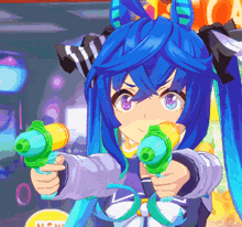 a girl with blue hair is holding two water guns
