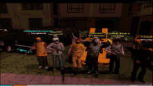 a group of people are standing in front of a yellow car and a building with a screenshot of a video game being played