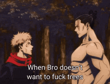 two anime characters are standing next to each other in a forest and one of them is naked .