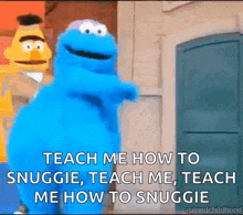 cookie monster from sesame street is standing in front of a door with bert .