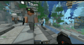 a screenshot of a minecraft game shows a man holding a sword in front of a sign that says touch