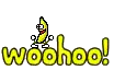 a pixel art of a banana standing next to the word woohoo !