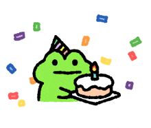 a frog wearing a party hat is holding a cake with a candle on it