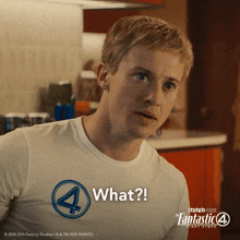 a man wearing a fantastic 4 t-shirt is asking what
