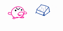 a drawing of kirby with an angry face and a blue squirrel