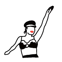 a black and white drawing of a woman in a bra and hat with red lips .