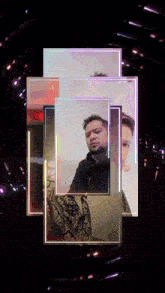 a man in a black jacket is surrounded by a collage of pictures