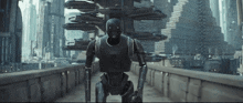 a robot is walking across a bridge in front of a futuristic city