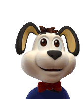 a cartoon dog wearing a red bow tie and a blue shirt