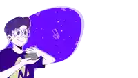a cartoon drawing of a boy with glasses holding a stack of money