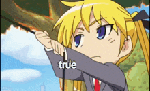 a cartoon girl is holding a bow and arrow and the word true is on the bottom right