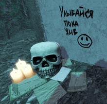 a skull sits in front of a wall that says " улыбайся пока хив "