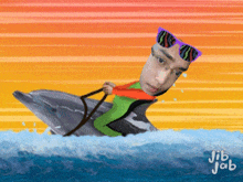 a man in sunglasses is riding a dolphin in the water