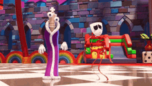 a cartoon character is standing on a checkered floor in front of a castle .