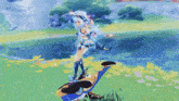 a girl with white hair is standing on top of a person in a field