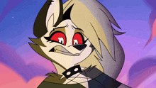 a cartoon character with red eyes and a choker around her neck