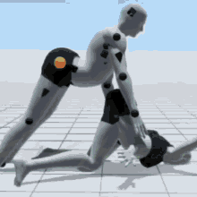 a computer generated image of a man laying on another man 's back