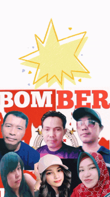 a group of people posing for a picture with the word bomber