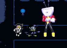 a pixel art of a man with a tv head standing next to a dog