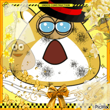 a cartoon bear wearing a top hat with under construction written above it