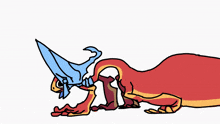 a cartoon drawing of a dragon with a blue hat on