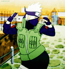 a cartoon of a man with a green vest and a purple mask