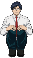 a man wearing glasses and a tie is squatting down