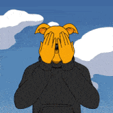 a cartoon of a person covering their eyes with a dog 's head