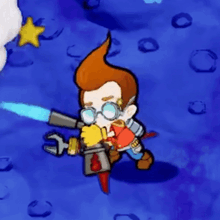 a cartoon character with glasses and a star on his head is holding a gun