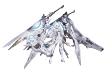 a white robot with a sword and a gun on it