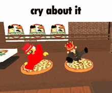 a cartoon of a man on a pizza with the words cry about it above him