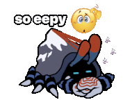 a cartoon of a spider with a mountain in the background and the words so sleepy above it