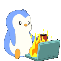 a penguin is holding a cup of coffee in front of a laptop with the words good morning