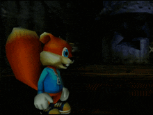 a cartoon squirrel in a blue shirt is standing in front of a broken wall