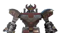 a robot with horns and the letter t on the front