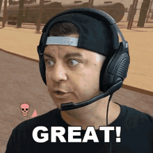 a man wearing headphones and a hat has the word great written on his face