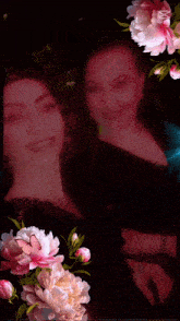 a picture of two women surrounded by pink and white flowers with the words zip cut above them