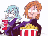 a cartoon of a girl holding a cup of soda and another girl holding a popcorn bucket