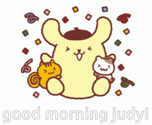 a good morning judy sticker with a pompompurin
