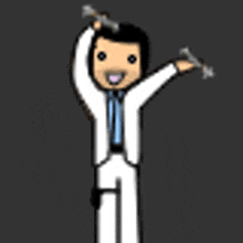 a cartoon of a man in a white suit holding a microphone in his hand .