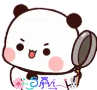 a cartoon panda bear is holding a frying pan and a rabbit is behind it