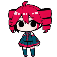 a cartoon girl with red hair and black eyes