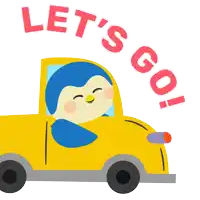 an illustration of a penguin driving a yellow car with the words let 's go written around it