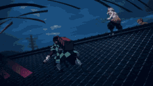 two anime characters are fighting each other on a tiled roof