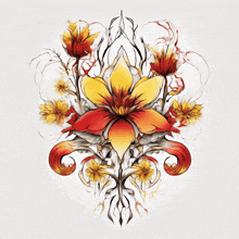 a drawing of a flower with red and yellow flowers on a white background