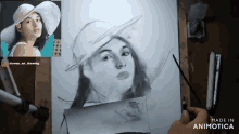 a drawing of a woman wearing a white hat is made in animatica