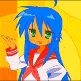 a cartoon girl with blue hair and green eyes points her finger