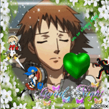 a picture of a man with headphones and a green heart that says good night