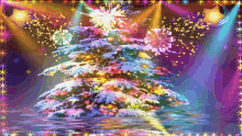 a painting of a christmas tree with fireworks behind it