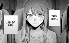 a black and white drawing of a woman sitting in a theater with a caption that says this shit .